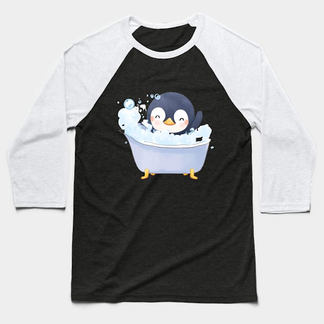 Cute Baby Penguin Bathtub Baseball T-Shirt by Zenflow